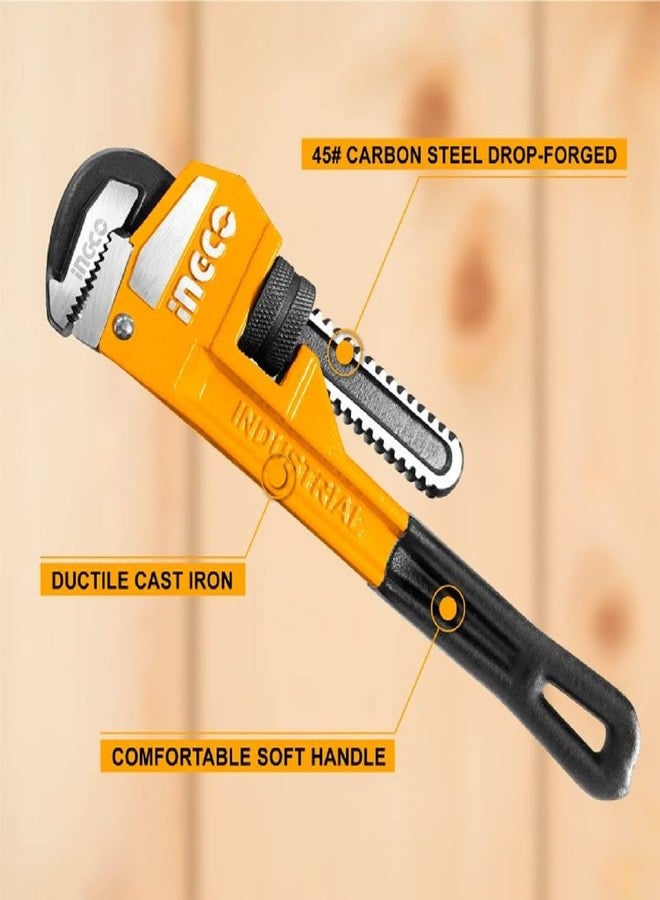 INGCO Pipe Wrench, 12" Heavy Duty Straight Pipe Wrench, 42mm Max Clamping Diameter, Adjustable Plumbing Wrench, Drop Forged, Soft Grip Plumbing Wrench - Image 2